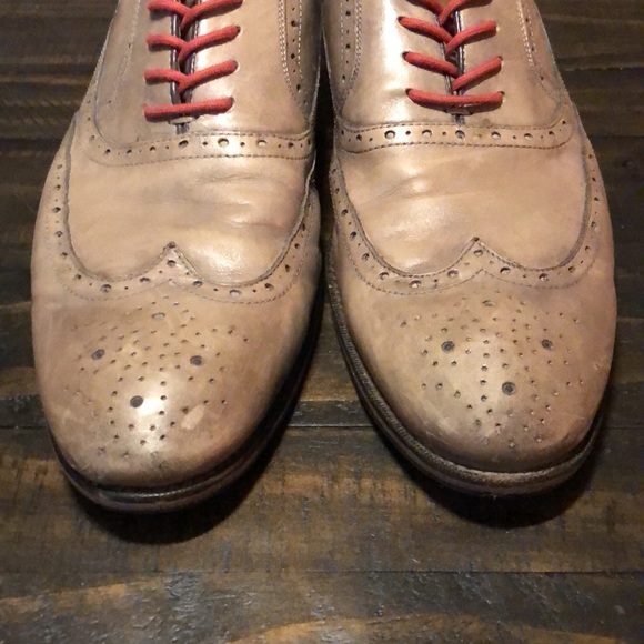 JOHNSTON & MURPHY Taupe Wingtip Lace up with Red shoestrings mens 11.5 - Picture 4 of 6